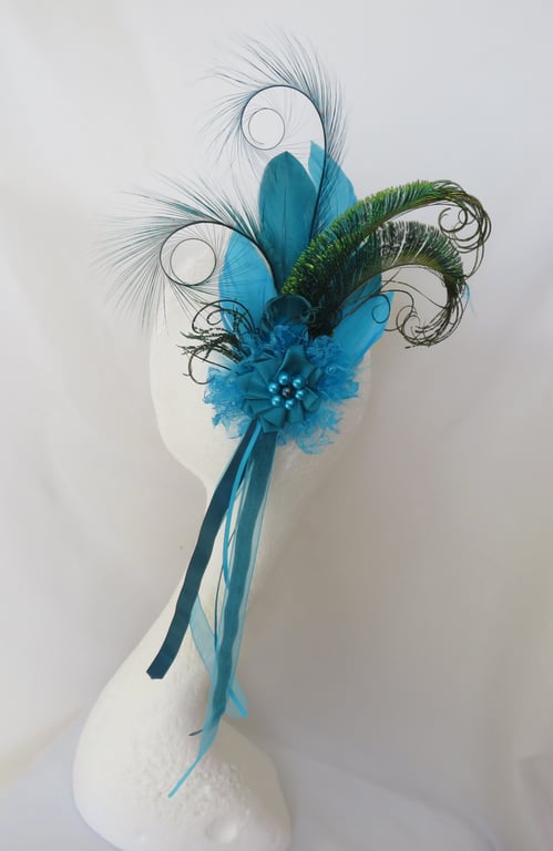Teal & Turquoise Peacock Feather Statement Regency Headpiece