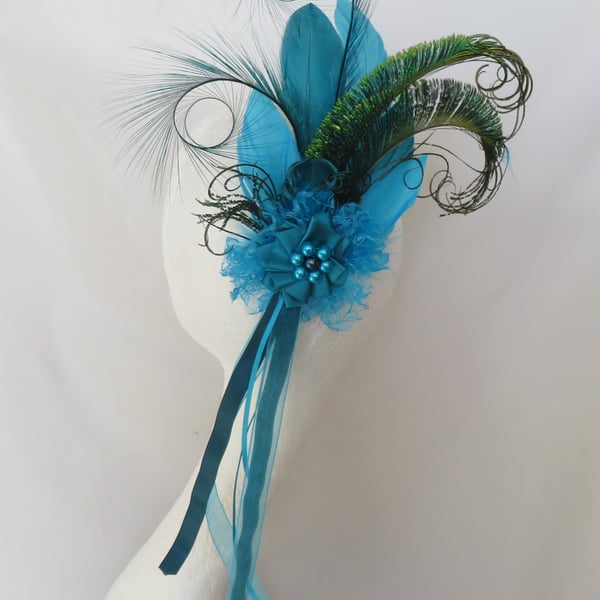 Teal & Turquoise Peacock Feather Statement Regency Headpiece