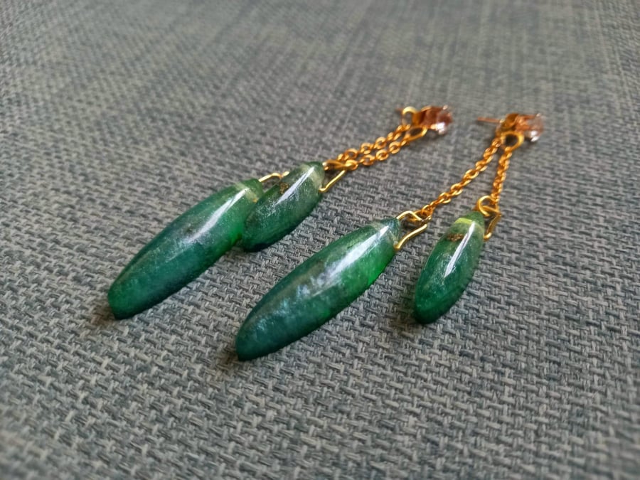 Shiny Green and Gold Dangle Studs