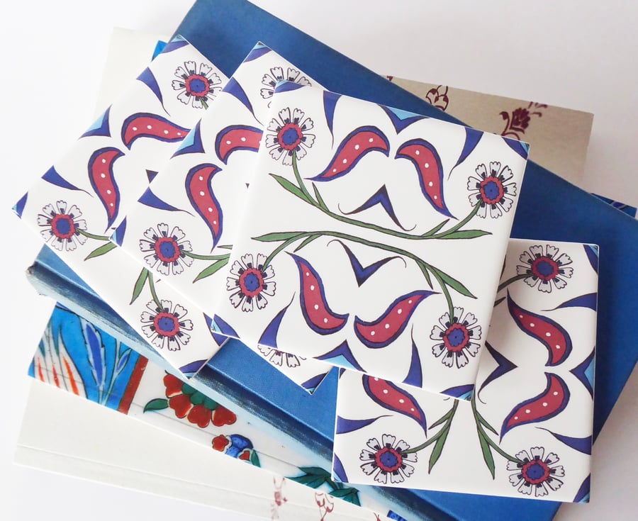 4 x Ottoman Inspired Floral Pattern Ceramic Tile Coasters with Cork Backing