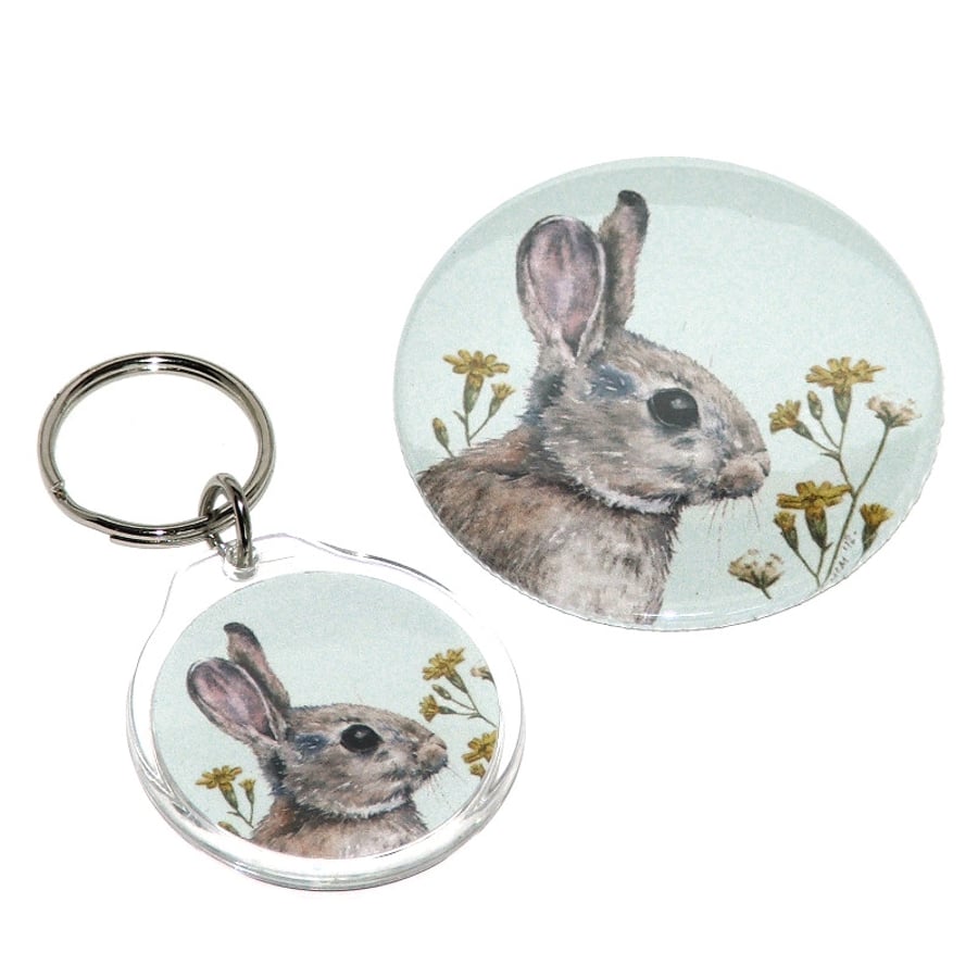 Round keyring and pocket mirror gift set - Rabbit