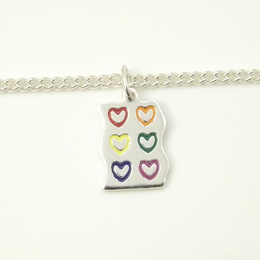 Rainbow Heart Bracelet, Silver Enamel Heart Jewellery, Handmade Gift for Her
