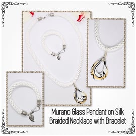 2 Piece Set Murano Lampwork Glass Pendant & White kumihimo Necklace & Bracelet