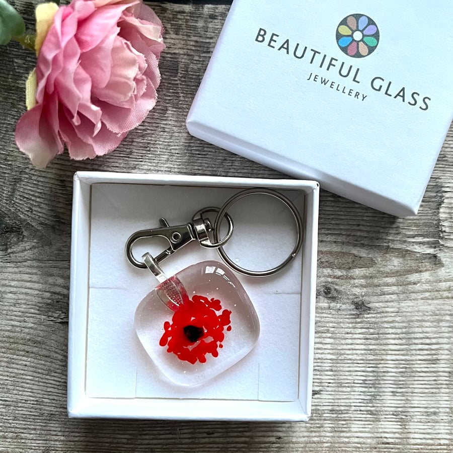 Poppy keyring, rememberance gift, sympathy, in memory, fused glass keepsake