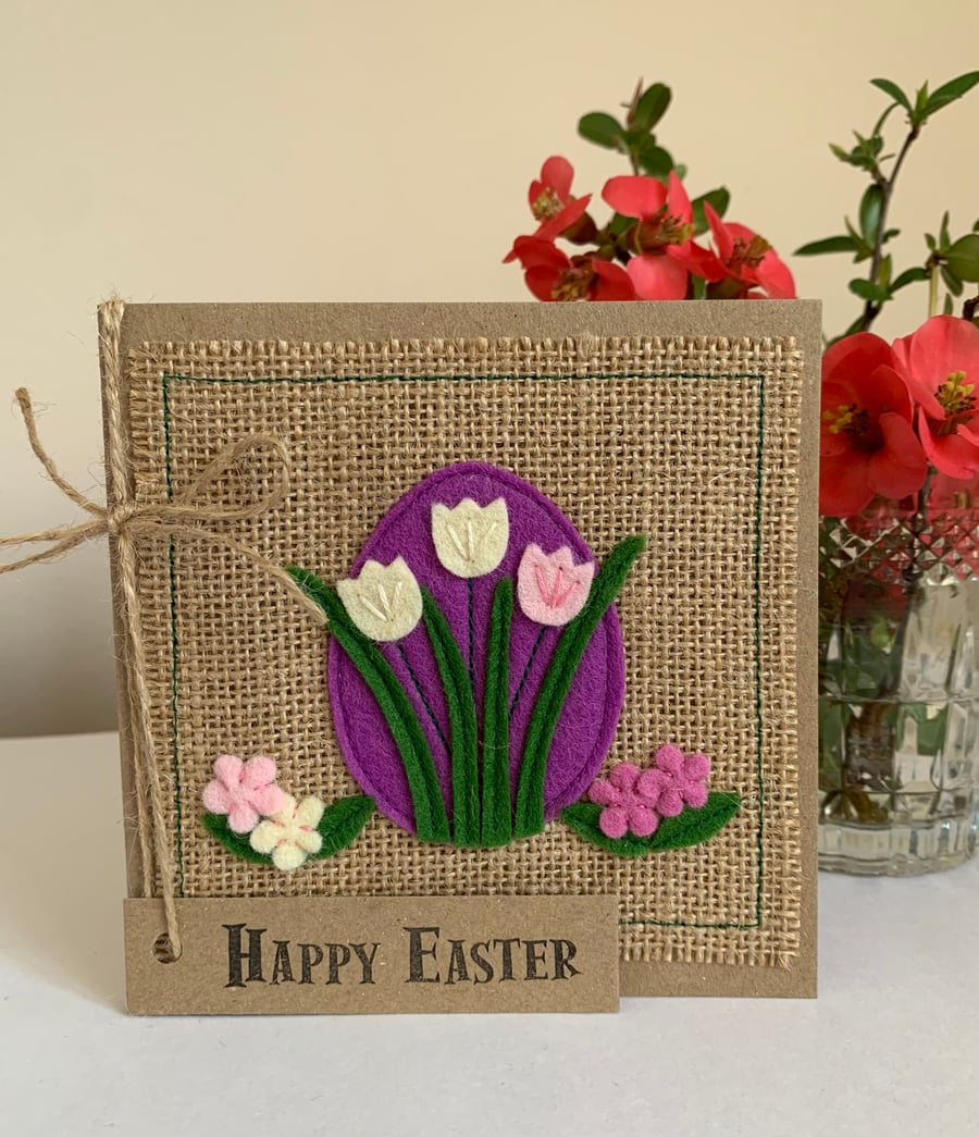 Easter greeting card with cream and pink flowers. Handmade from wool felt.