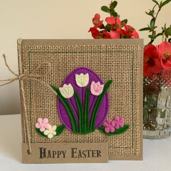 Easter greeting card with cream and pink flowers. Handmade from wool felt.