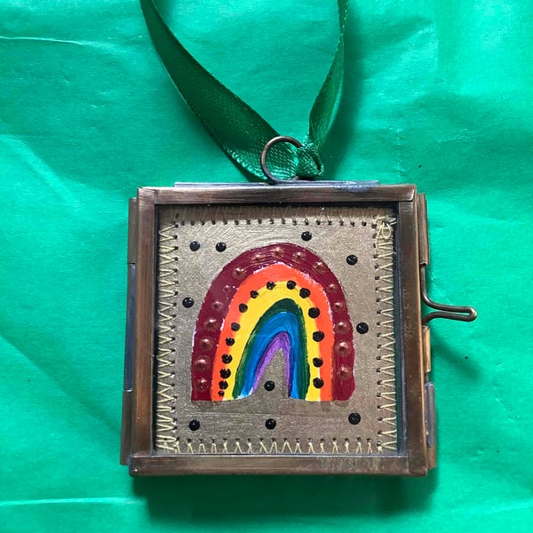 Small hinged brass frame. The Futures Bright. Rainbow. Original art. Decor.