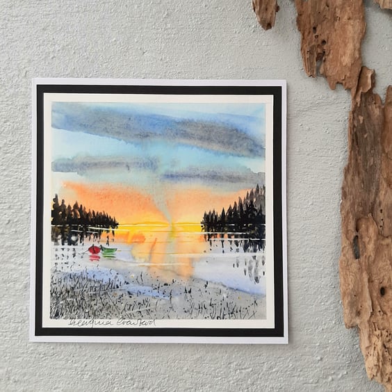 Blank Card Watercolour Painting. Boats at Sunset. Large Card. 