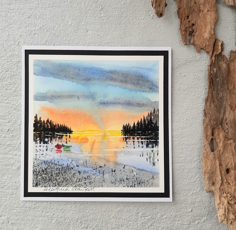 Blank Card Watercolour Painting. Boats at Sunset. Large Card. 