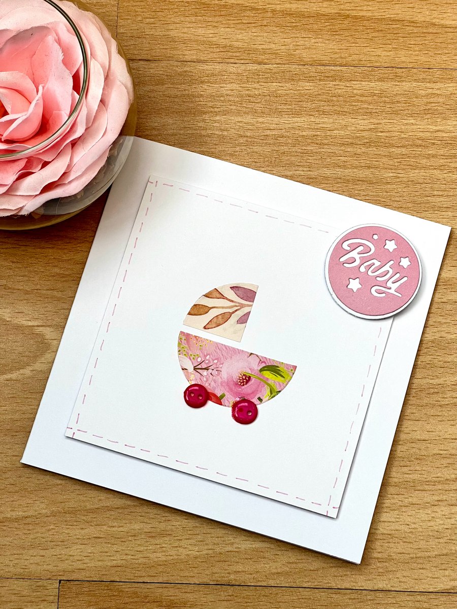 New baby girl card - pink wheels