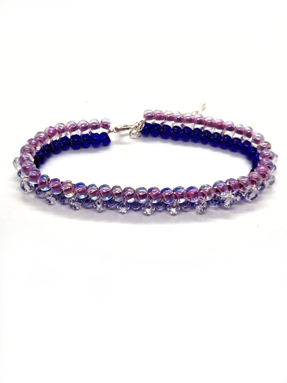 Pink, royal blue and silver tennis-style beaded bracelet