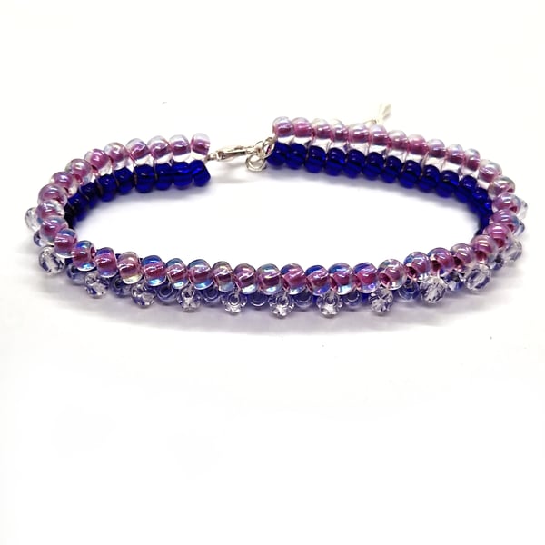 Pink, royal blue and silver tennis-style beaded bracelet