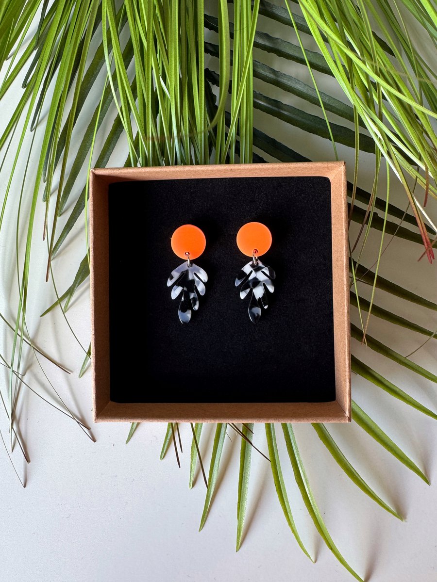Neon Orange & Monochrome Tortoise Leaf Earrings