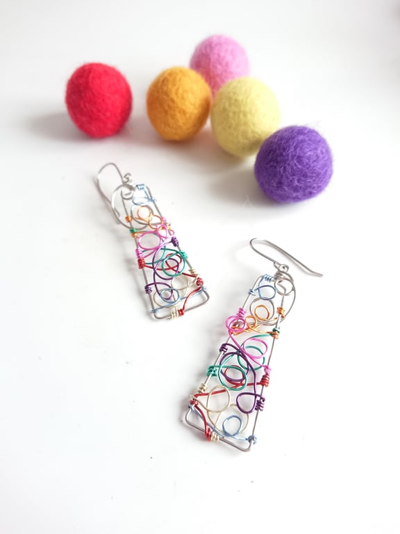 Steel Oblong Rainbow Curls and Curves Earrings 