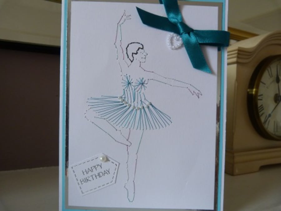 Turquoise Ballet Dancer Stitched Birthday Card
