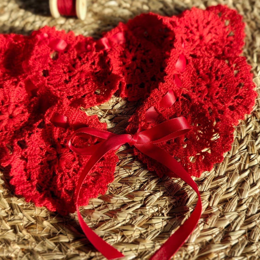 Handmade Red Crochet Collar with Floral Details and Satin Ribbon
