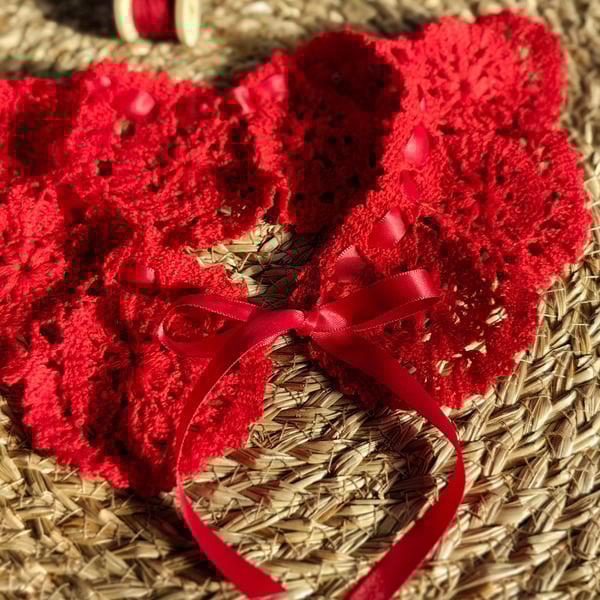 Handmade Red Crochet Collar with Floral Details and Satin Ribbon