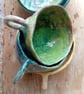 Tea cup mug, pinched pot ceramic, bright green crackle glaze, rustic cup