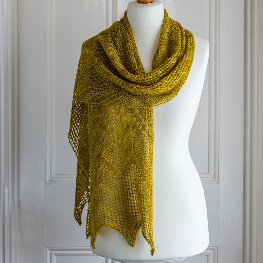 Hand knit wrap or shawl made with luxurious alpaca silk and cashmere blend yarn