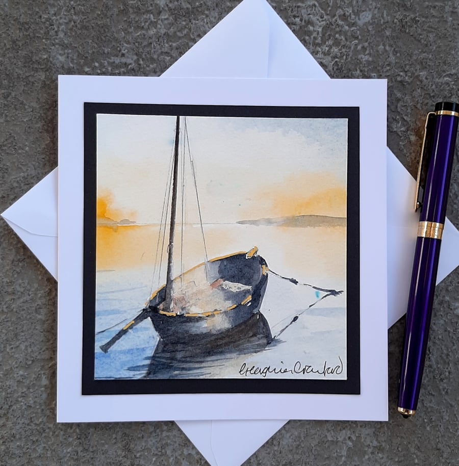 Handpainted Blank Card. Handmade. Letterbox Gift. Keepsake. A wee boat.