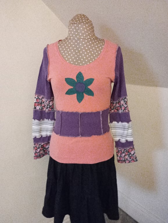 Whimsical Long Sleeved Patchwork top with Long Sleeves and Flower Applique
