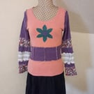Whimsical Long Sleeved Patchwork top with Long Sleeves and Flower Applique