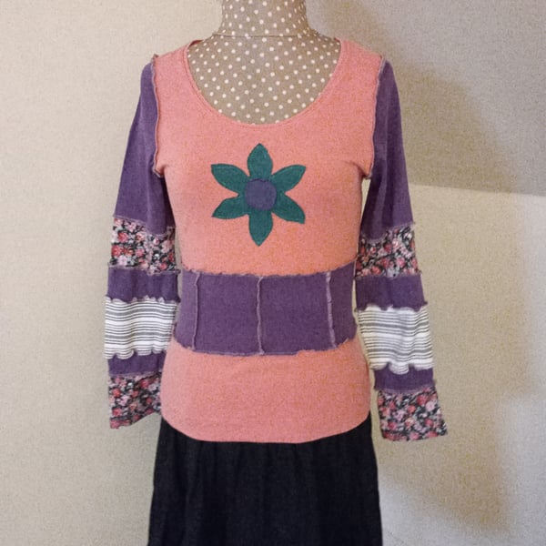 Whimsical Long Sleeved Patchwork top with Long Sleeves and Flower Applique