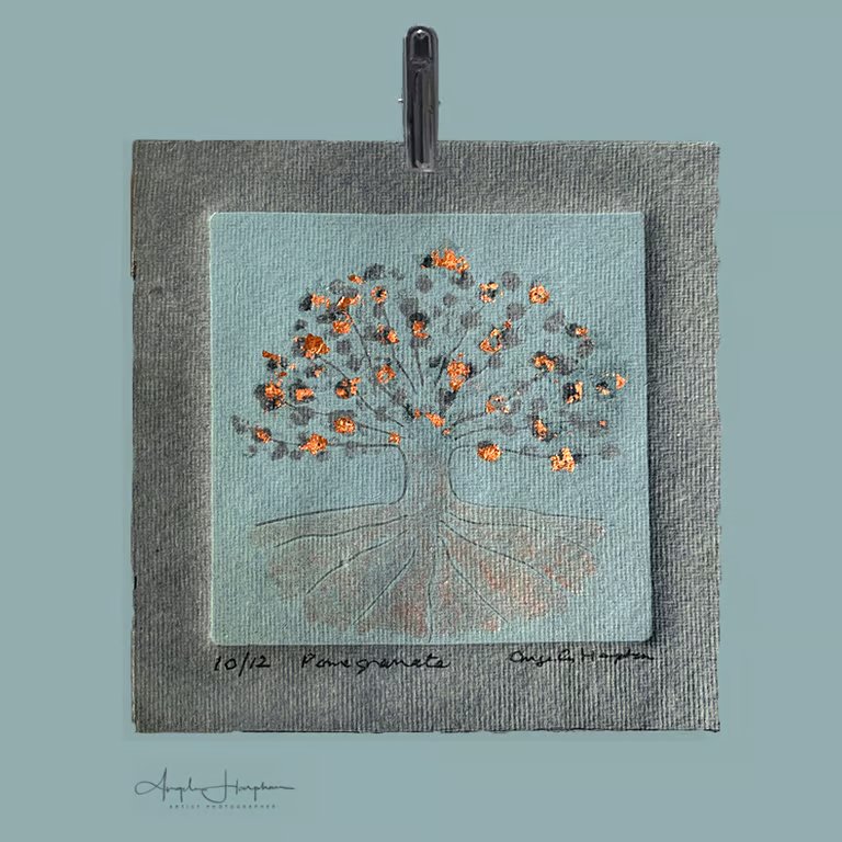 Lino Print with Bronze Metallic Leaf Embellishment - Pomegranate