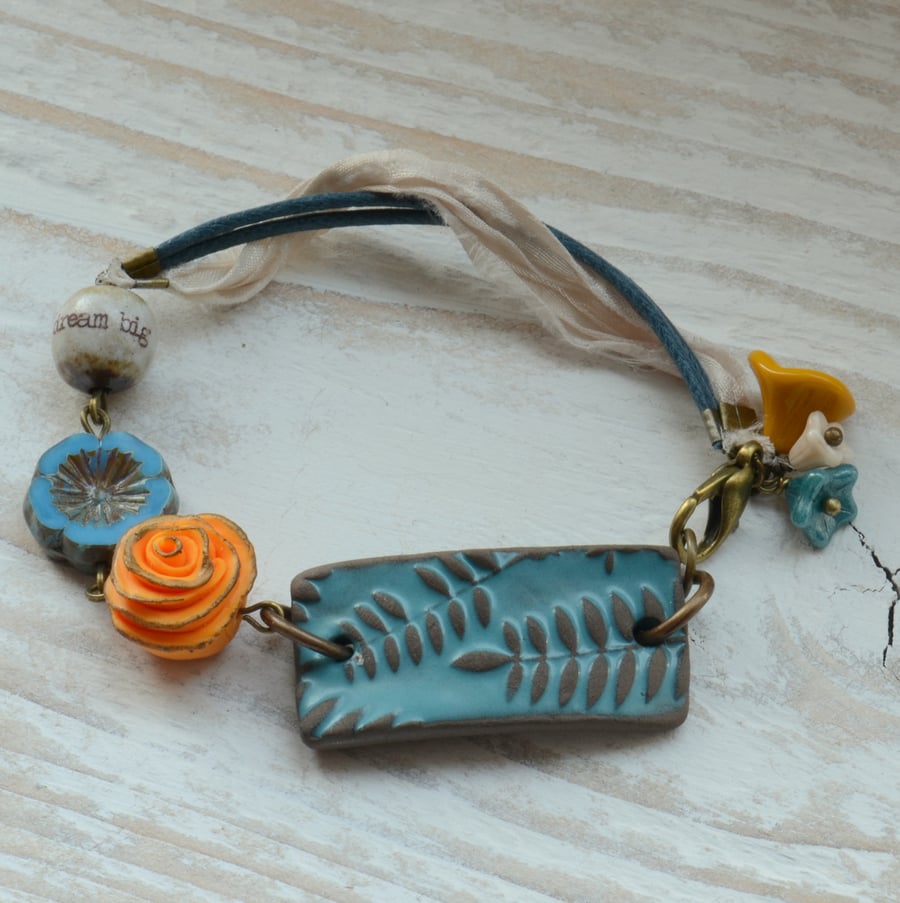 Ceramic Turquoise Leaf Bracelet with Orange Rose, Ceramic Bead & Ribbon