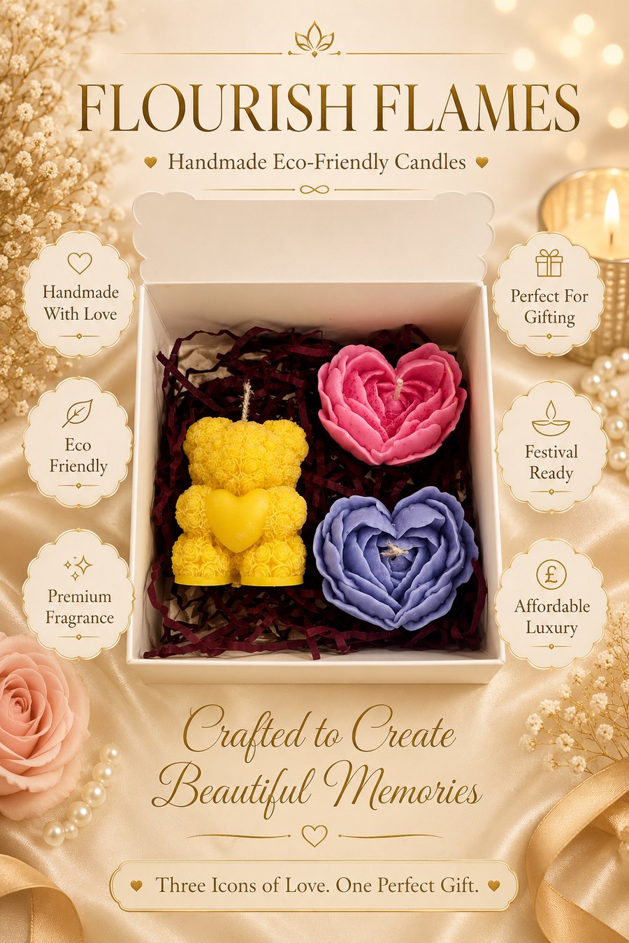 Cute Teddy Rose Heart Or Happy Man Set Handmade Candle Mix Match Gift Set Boxed