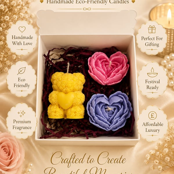 Cute Teddy Rose Heart Or Happy Man Set Handmade Candle Mix Match Gift Set Boxed