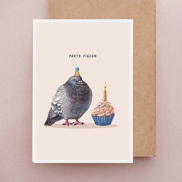 Pigeon Birthday Card - Cute Wood Pigeon Card, Cupcake Birthday Card, Funny Cards