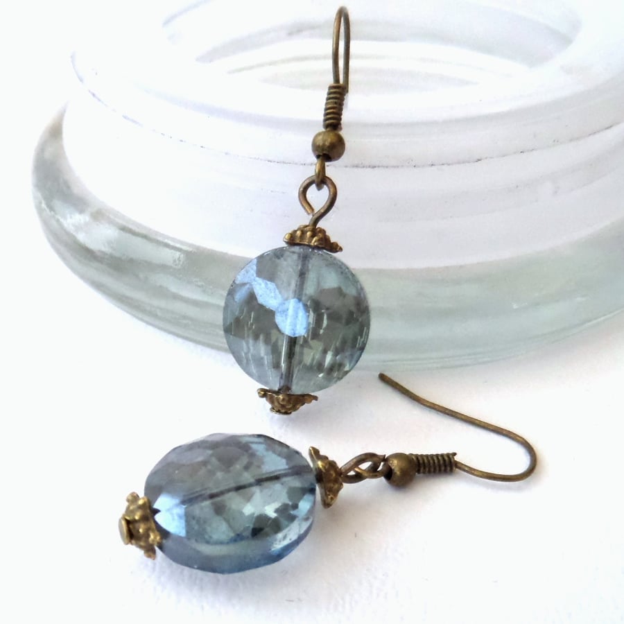 Smokey blue crystal earrings, vintage style
