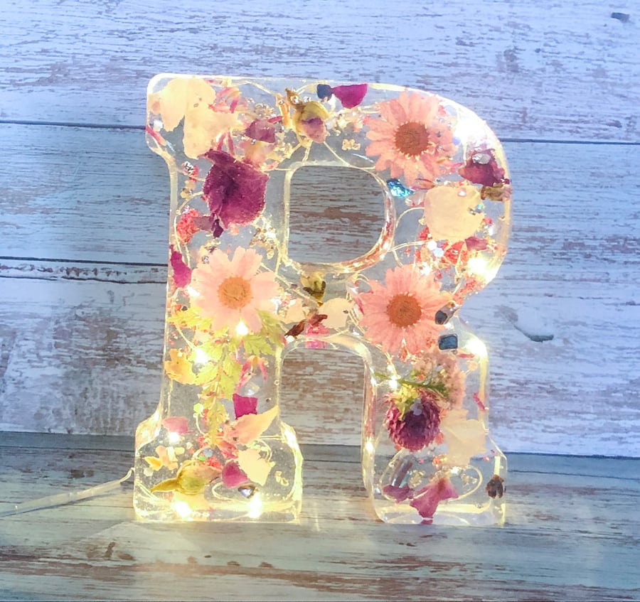 Personalised Handmade Resin Letters Including Real Dried Flowers and Lights