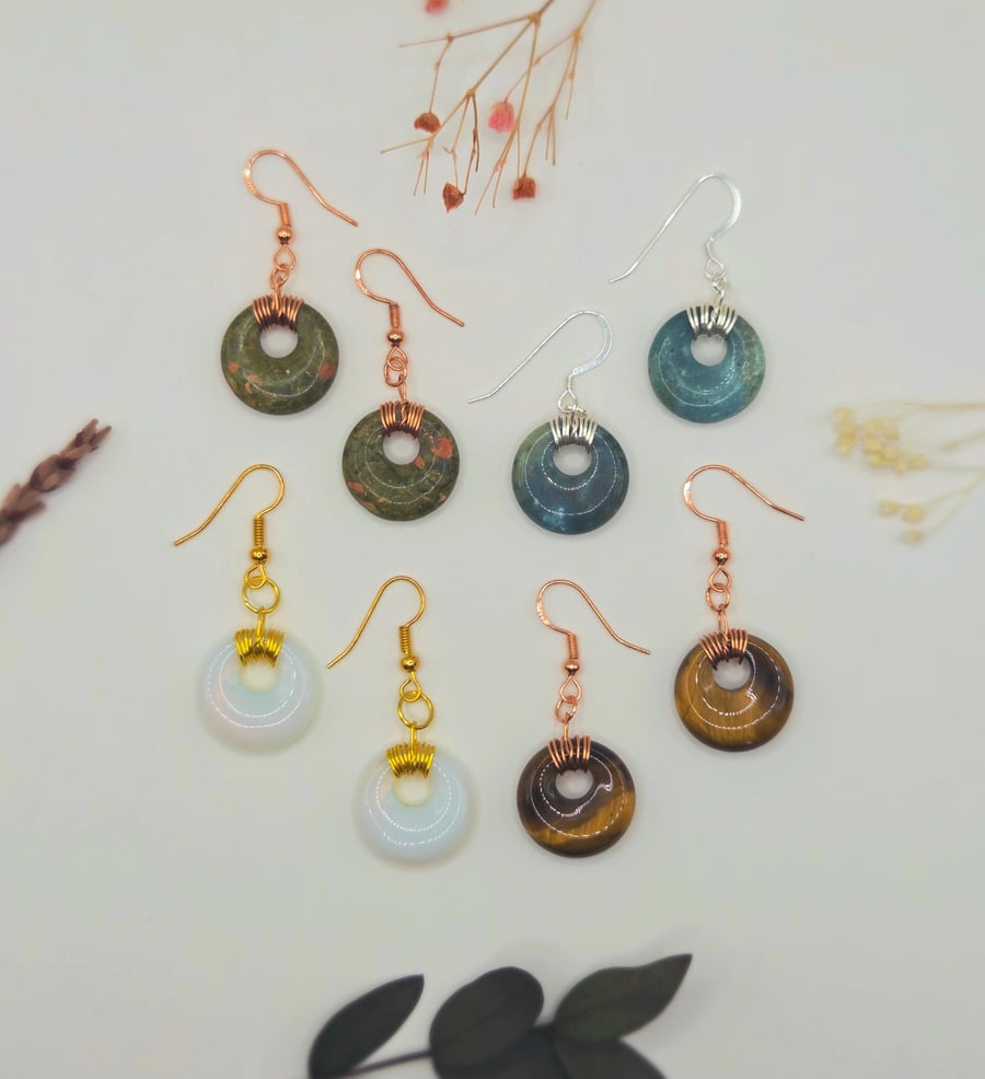 Wire Wrapped Polished Donut Gemstone Dangle Earrings