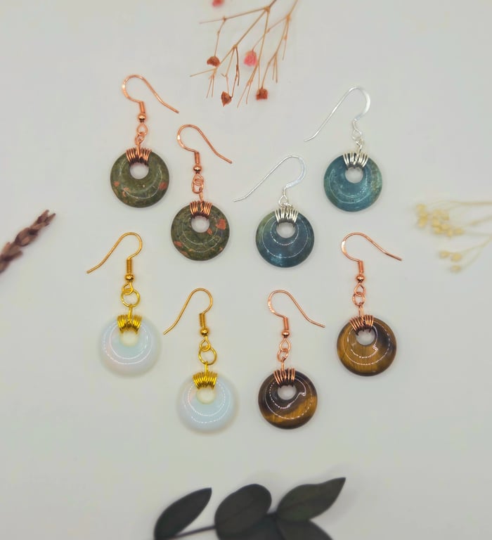 Wire Wrapped Polished Donut Gemstone Dangle Earrings
