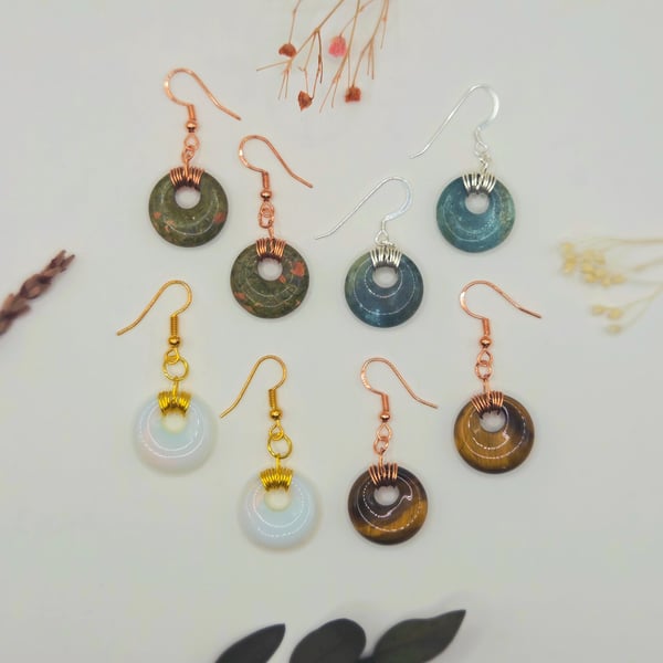 Wire Wrapped Polished Donut Gemstone Dangle Earrings