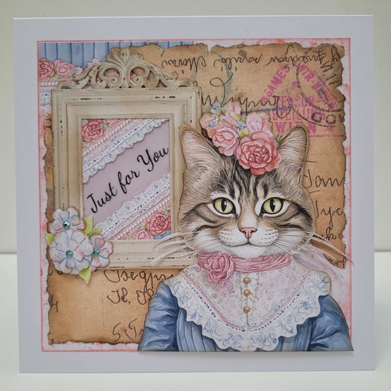 Mixed Media Collage any Occasion Card - Just for You Classy Cat