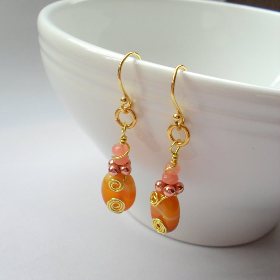 Agate and Quartzite Drop Gold Plated Earrings