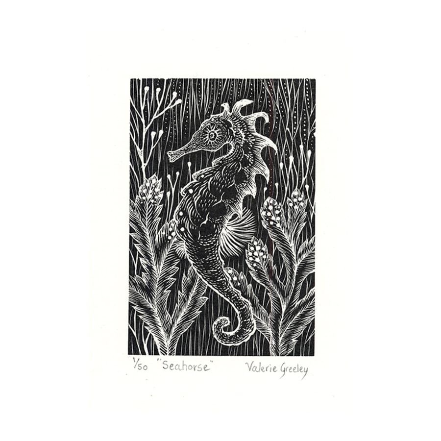 Seahorse wood engraving by Valerie Greeley