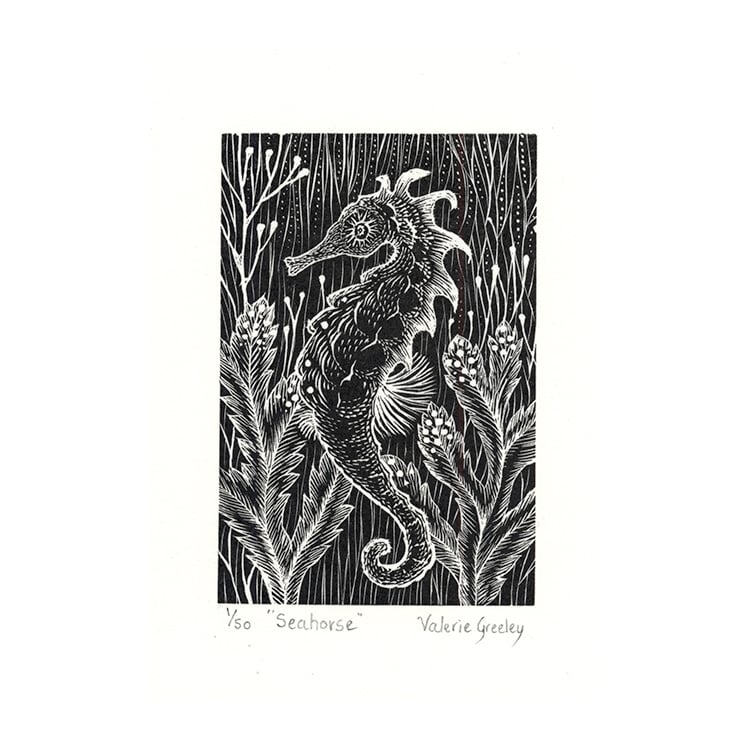 Seahorse wood engraving by Valerie Greeley