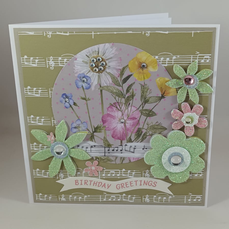 Handmade birthday card - glittered spring flowers