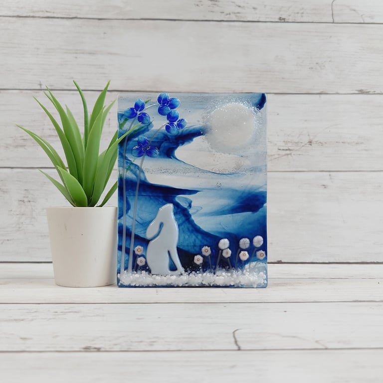 Moon Gazing Hare Tealight Holder, Unique Handmade Fused Glass Gift