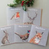 5 Christmas cards - a robin, stag, hare, pheasant and fox card