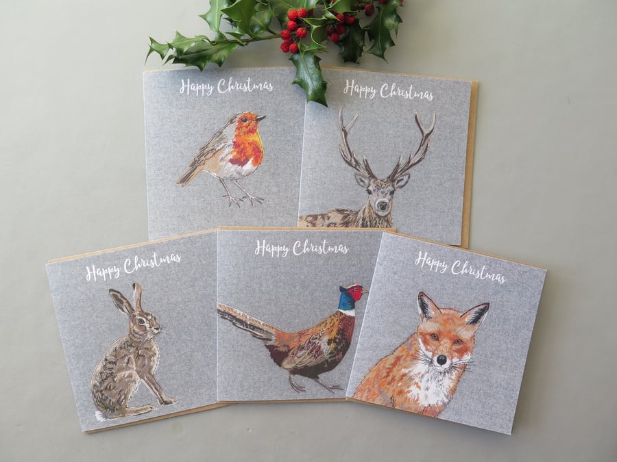 5 Christmas cards - a robin, stag, hare, pheasant and fox card