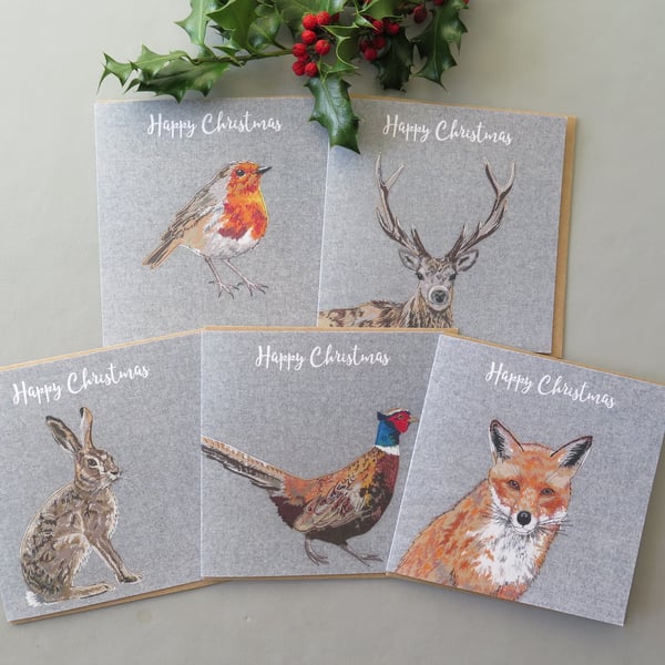 5 Christmas cards - a robin, stag, hare, pheasant and fox card