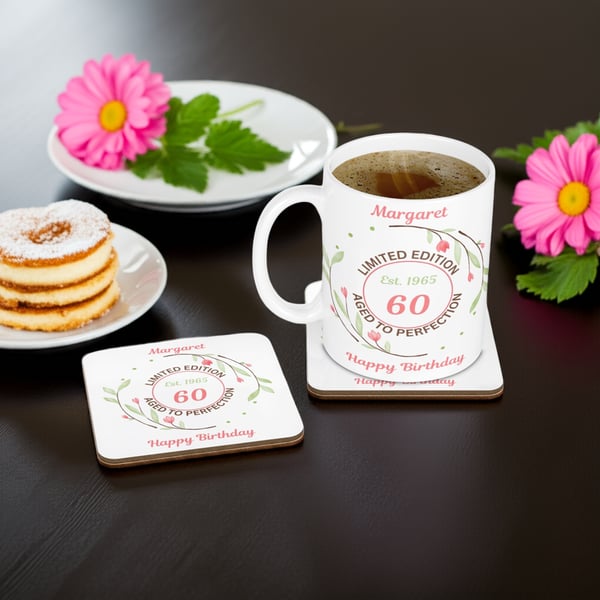 Personalised Mug & Coaster - Floral Limited Edition Birthday Design