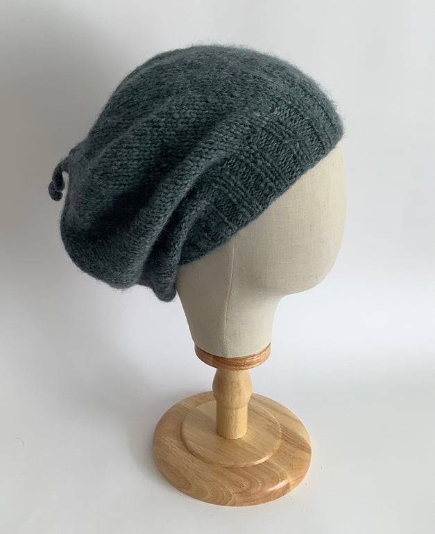 SLOUCH BEANIE .Hat  Luxurious alpaca , merino blend . Blue grey.