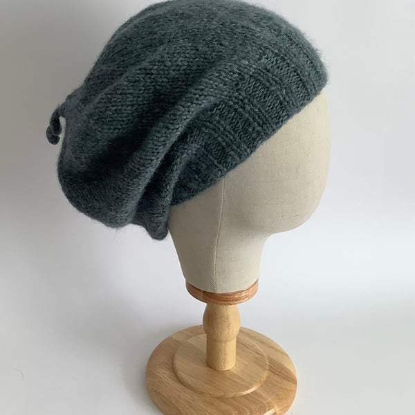 SLOUCH BEANIE .Hat  Luxurious alpaca , merino blend . Blue grey.