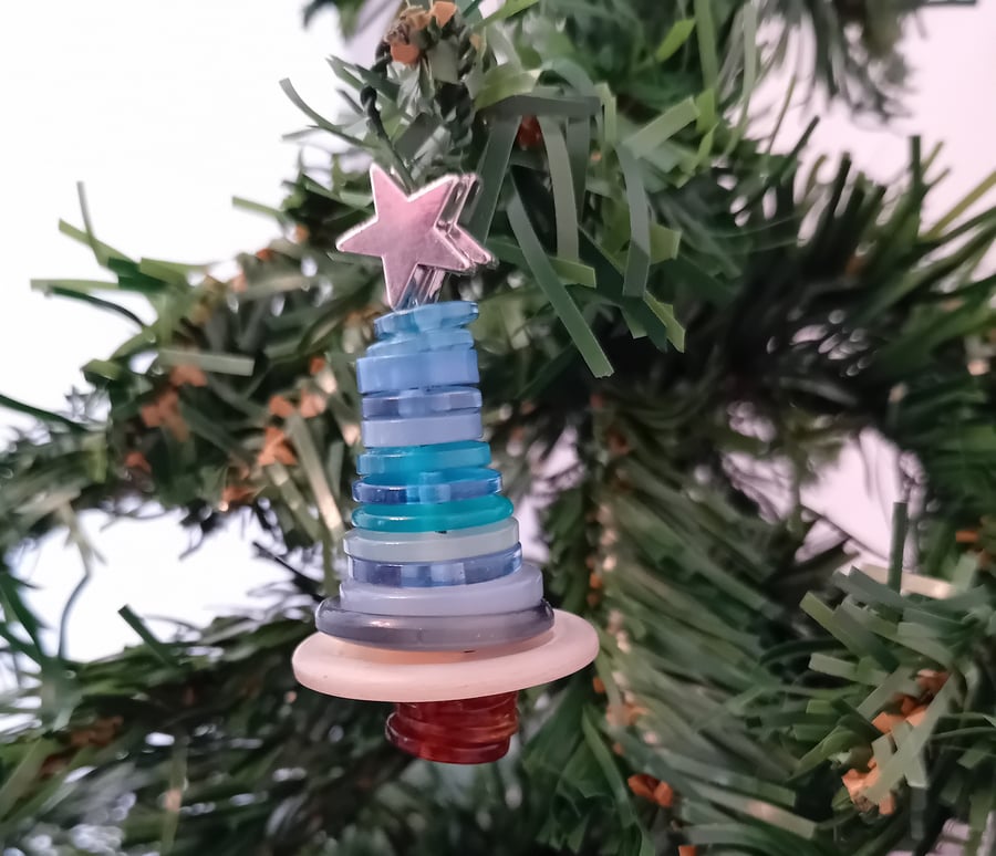 Blue and White Button Christmas Tree Decoration - Star Topper